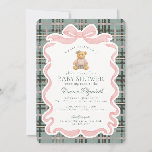 Invitation Pink Coquette Bow Bear Tartan Plaid Baby Shower (Devant)