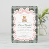 Invitation Pink Coquette Bow Bear Tartan Plaid Birthday (Debout devant)