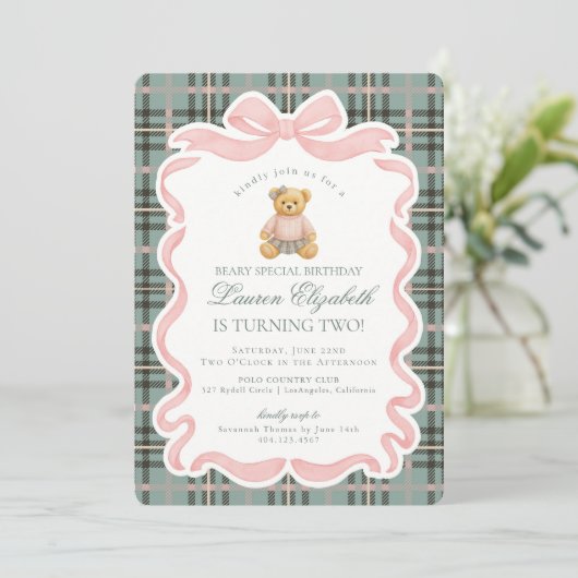 Invitation Pink Coquette Bow Bear Tartan Plaid Birthday (Debout devant)