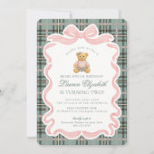 Invitation Pink Coquette Bow Bear Tartan Plaid Birthday (Devant)