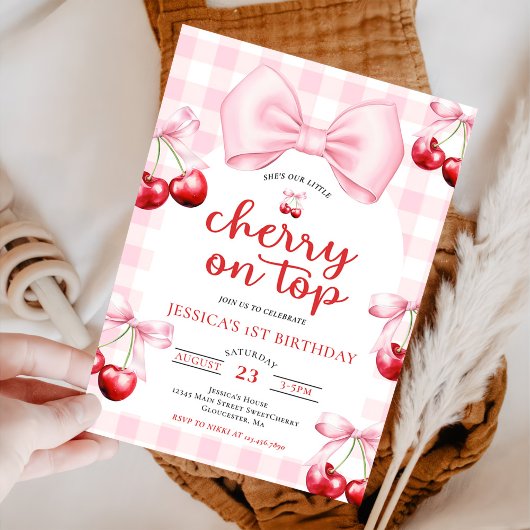 Invitation Pink Coquette Bow Cherry On Top Birthday Party 