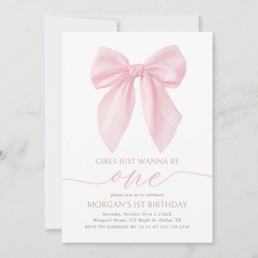 Invitation Pink Coquette Bow First Birthday (Devant)