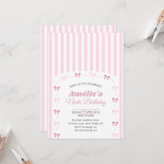 Invitation Pink Coquette Bow Ninth Birthday Party  (Devant/Arrière en situation)