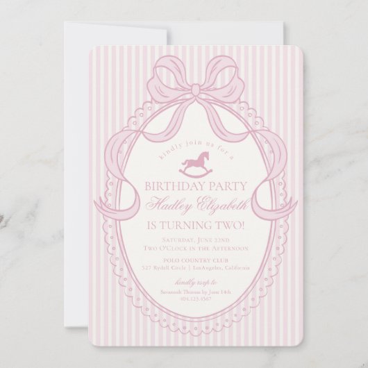 Invitation Pink Coquette Bow Rocking Horse Birthday (Devant)