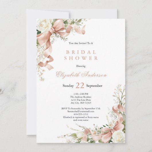 Invitation Pink Coquette Bow Watercolor Floral Bridal Shower (Devant)