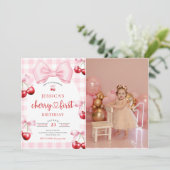 Invitation Pink Coquette Cherry First Birthday Party Photo (Debout devant)