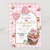Invitation Pink Coquette Strawberry Gingham First Birthday (Devant / Derrière)