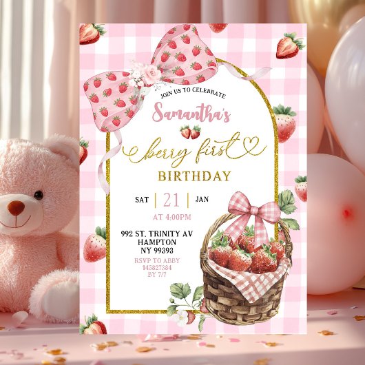 Invitation Pink Coquette Strawberry Gingham First Birthday