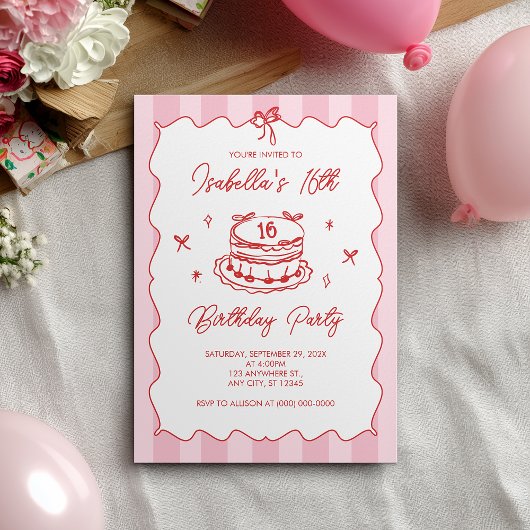 Invitation Pink Coquette Striped Vintage Bow 16th Birthday