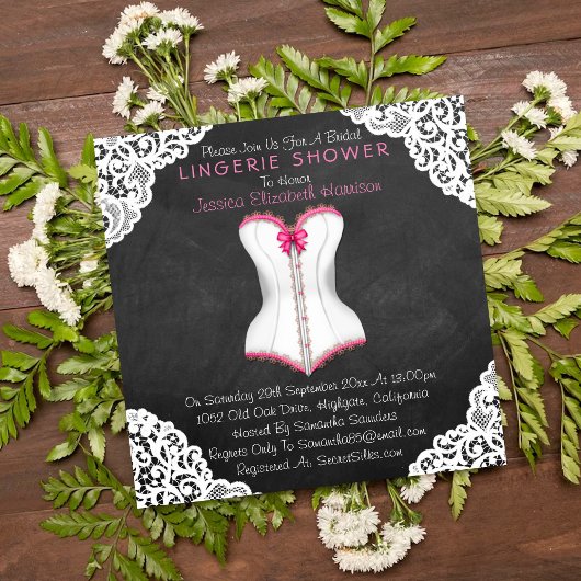 Invitation Pink Corset blanc dentelle Chalkboard Lingerie Dou