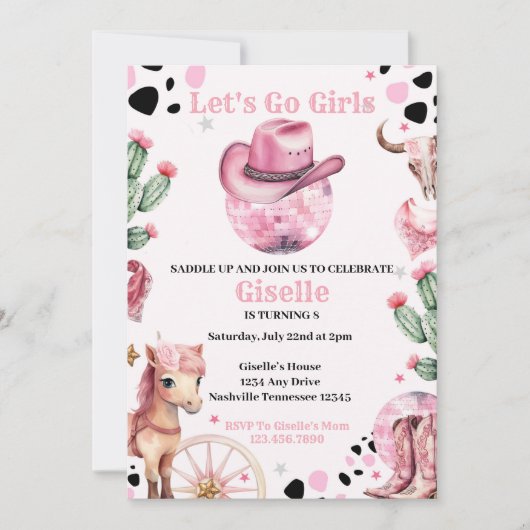 Invitation Pink Cowgirl Disco Anniversaire (Devant)