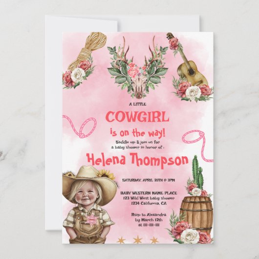 Invitation Pink Cowgirl Western Baby Shower  (Devant)