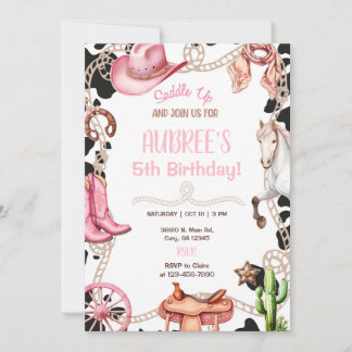 Invitation Pink cowgirl, white horse, saddle up invitation.