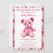 Invitation Pink Crocheted Teddy Bear Girl's Baby Shower (Devant)