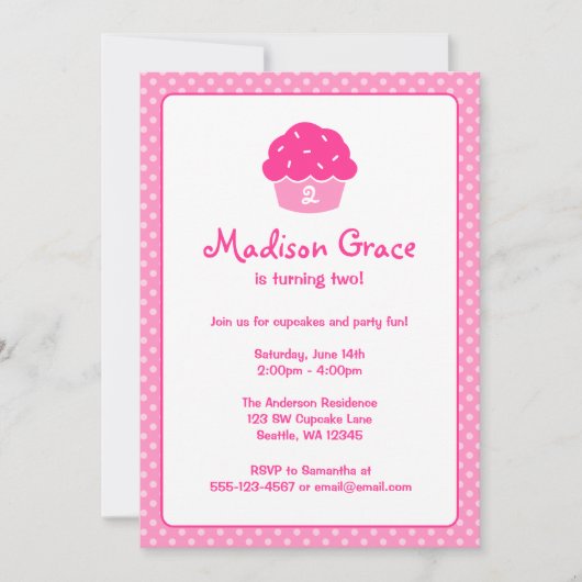 Invitation Pink Cupcake Polka Dot Anniversaire (Devant)