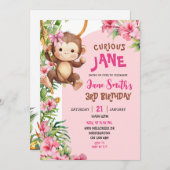 Invitation Pink Curious Monkey Safari Theme Birthday (Devant / Derrière)