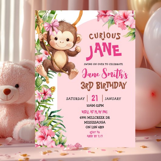 Invitation Pink Curious Monkey Safari Theme Birthday