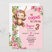 Invitation Pink Curious Monkey Savannah Theme Birthday (Devant / Derrière)