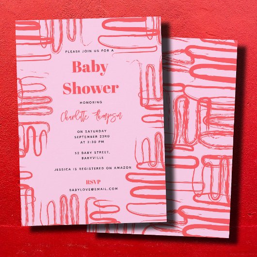 Invitation Pink Curve Wavy Squiggle Abstract Baby Shower