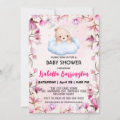Invitation Pink Cute Bear pyjamas fleurs baby shower enfants (Devant)