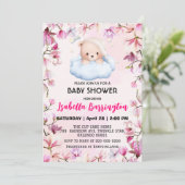 Invitation Pink Cute Bear pyjamas fleurs baby shower enfants (Debout devant)