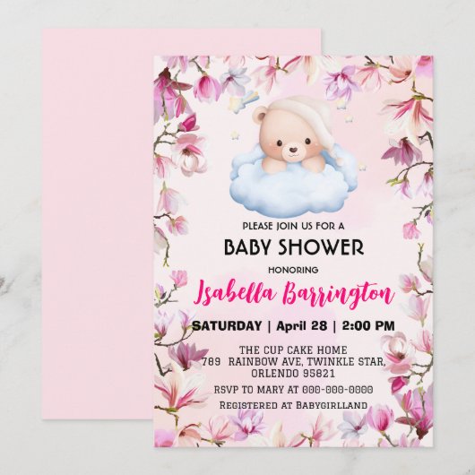 Invitation Pink Cute Bear pyjamas fleurs baby shower enfants (Devant / Derrière)