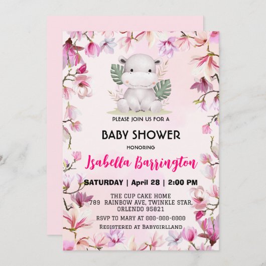 Invitation Pink Cute bébé hippo fleur baby shower fleuri enfa (Devant / Derrière)