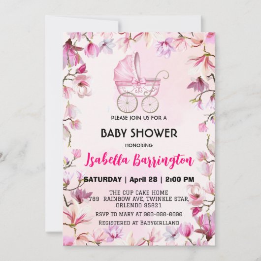 Invitation Pink Cute poussette fleurs baby shower enfants (Devant)