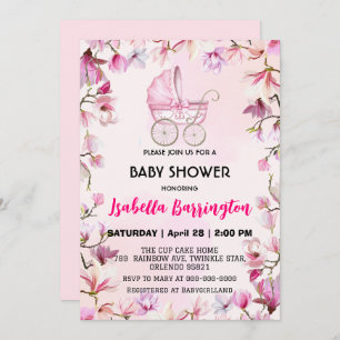 Invitation Pink Cute poussette fleurs baby shower enfants
