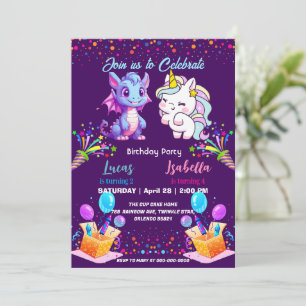 Invitation Pink Cute Rainbow Unicorn dinosaures 2e anniversai