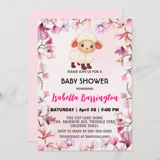 Invitation Pink Cute ram mouton fleur baby shower fleuri enfa (Devant / Derrière)