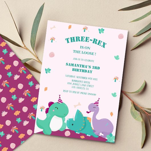 Invitation Pink Cute trois-rex 3e anniversaire de dinosaure