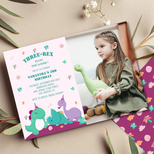 Invitation Pink Cute trois-rex 3e anniversaire de dinosaure P