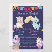 Invitation Pink Cute Unicorn dinosaures arc-en-ciel fête d'an (Devant)