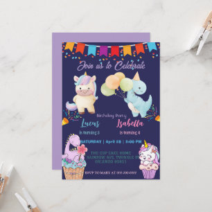 Invitation Pink Cute Unicorn dinosaures arc-en-ciel fête d'an