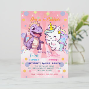 Invitation Pink Cute Unicorn dinosaures arc-en-ciel fête d'an