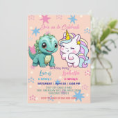 Invitation Pink Cute Unicorn dinosaures arc-en-ciel fête d'an (Debout devant)