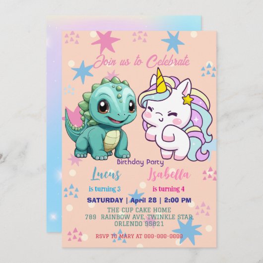 Invitation Pink Cute Unicorn dinosaures arc-en-ciel fête d'an (Devant / Derrière)