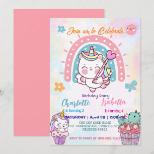 Invitation Pink Cute Unicorn dinosaures arc-en-ciel fête d'an