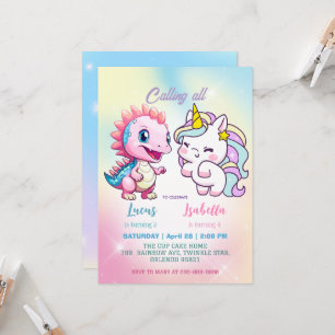 Invitation Pink Cute Unicorn dinosaures arc-en-ciel fête d'an
