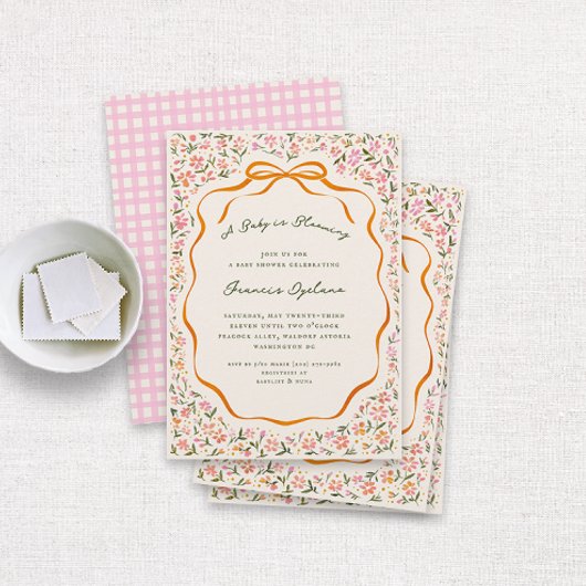 Invitation Pink Dainty Flowers and Orange Bow Baby Shower