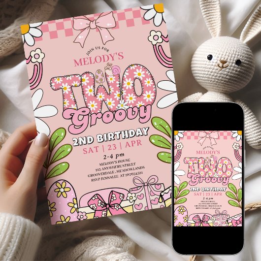 Invitation Pink Daisy 2nd Birthday Retro Birthday