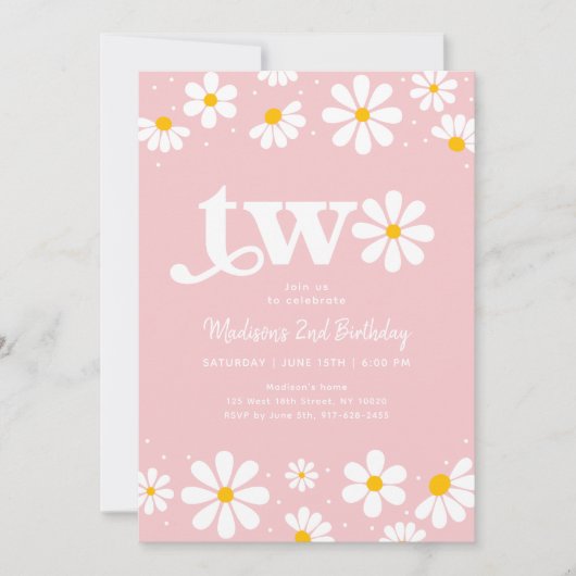 Invitation Pink Daisy Boho Deuxième anniversaire (Devant)