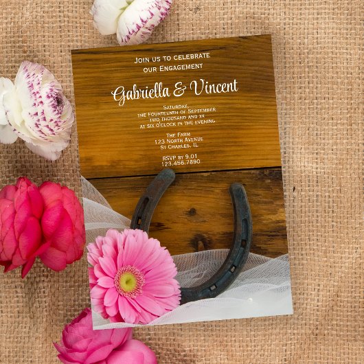 Invitation Pink Daisy et Horseshoe Western Engagement Party