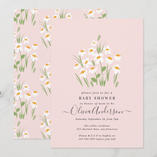 Invitation Pink daisy floral élégant beautiful baby (Devant / Derrière)