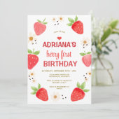 Invitation Pink Daisy Floral Gingham Berry First Birthday (Debout devant)