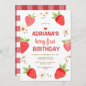 Invitation Pink Daisy Floral Gingham Berry First Birthday (Devant / Derrière)