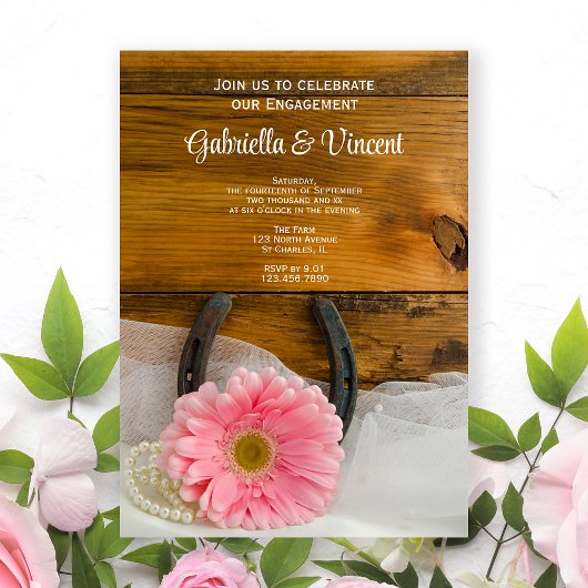 Invitation Pink Daisy Horseshoe Western Engagement Party