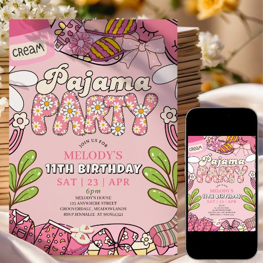 Invitation Pink Daisy Pajama Party Birthday 