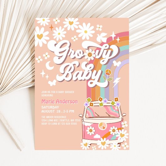 Invitation Pink Daisy Rainbow Hippie Super Van Baby shower